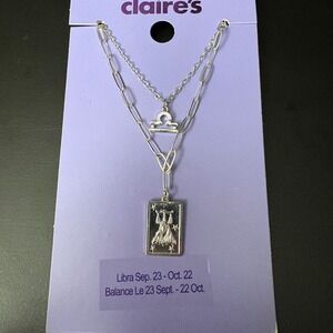 NWT Claires Silver Libra Zodiac Layered Set of 2 Necklaces Sept Oct Gift